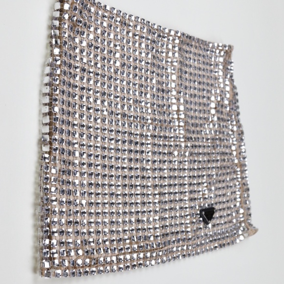 Prada Embellished Crystal Sequin Silver Mirrored Mini Skirt - Picture 9 of 9